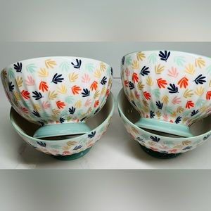 4 Footed Cereal Bowls POTTERS STUDIO Fine Ceramic Colorful LEAF Design…